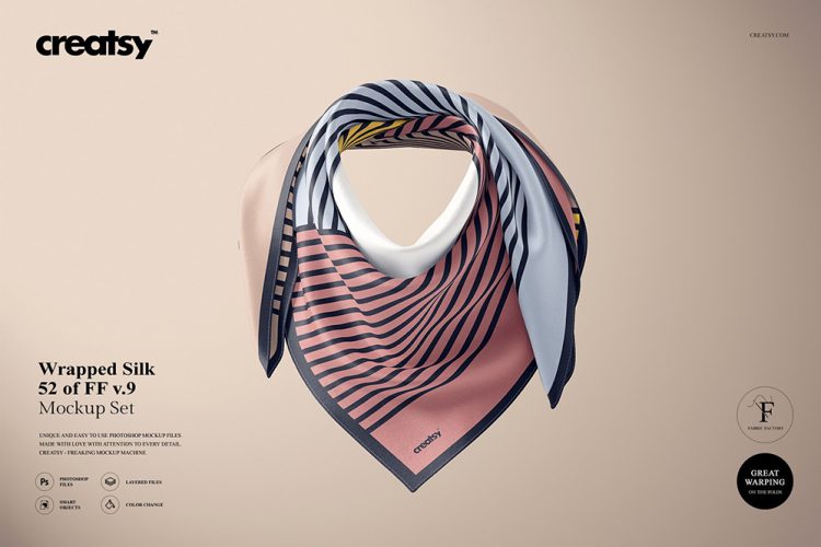 Wrapped Silk Scarf Mockup (52/FFv.9）丝巾丝绸织物模拟效果展示样机智能贴图psd素材模版