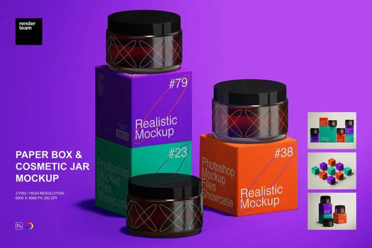 Paper Box and Cosmetic Jar Mockup3款正方形纸盒化妆品美妆面霜包装设计作品贴图ps样机素材模板