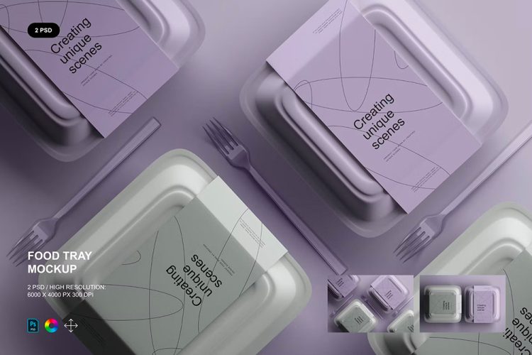 Food Tray Mockup 2款极简正方形食品快餐外卖打包盒设计作品贴图ps样机素材模板