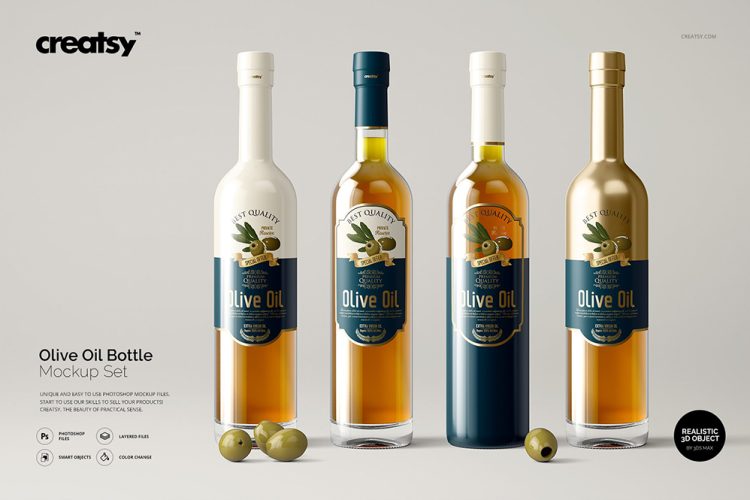 Olive Oil Bottle Mockup Set 高级质感透明红酒葡萄酒瓶橄榄油酒标设计贴图ps样机素材国外设计模板