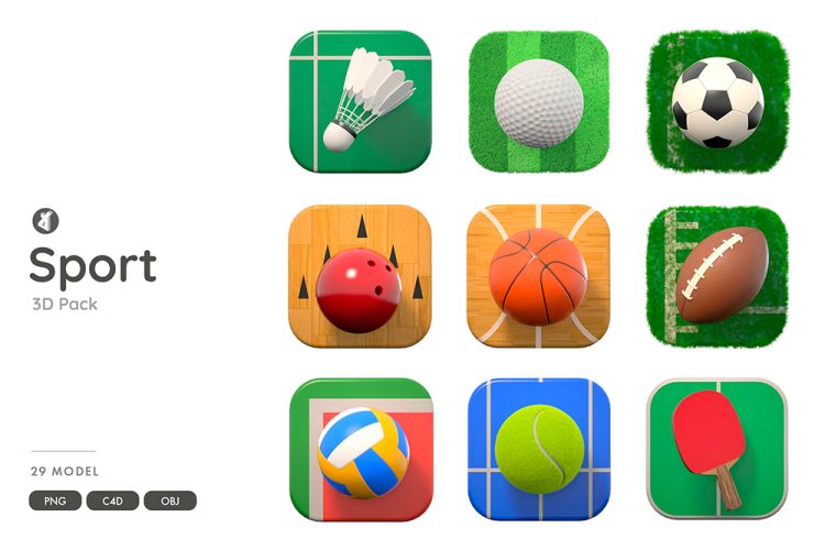 Sport 3D-Objektpaket und App-Symbol 13款竞赛运动足球篮球保龄球高尔夫球3D插图插画ui设计图标素材