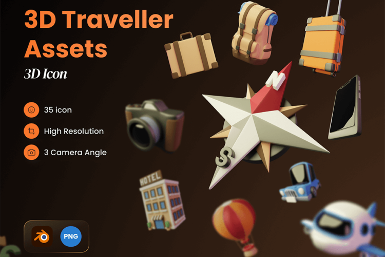 3D Traveller Assets 25款创意复古3D立体卡通旅行酒店icon图标插图png免抠设计素材