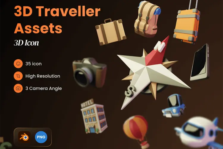 3D Traveller Assets 25款创意复古3D立体卡通旅行酒店icon图标插图webp免抠设计素材