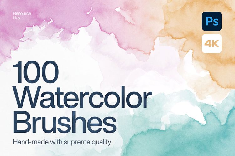 100 Watercolor Photoshop Brushes 100款水彩绘画水墨印染中国风墨染背景底纹ps笔刷插件设计素材