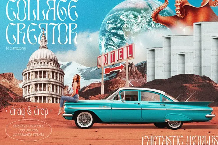 Collage Creator + Posters 潮流复古人物雕像汽车花卉建筑自然行星剪报拼贴webp免抠图片素材