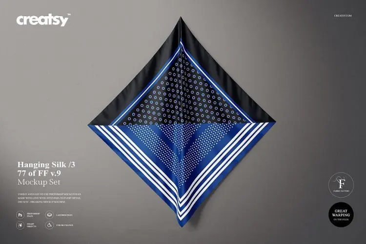 Hanging Silk Mockup 3 (77/FFv.9) 正方形褶皱真丝巾小方巾手帕丝绸智能贴图样机素材ps模板mockup