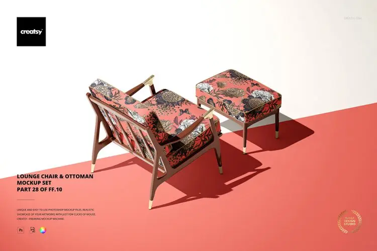 Lounge Chair & Ottoman Mockup Set 4款单人沙发躺椅贵妃椅座椅图案设计贴图ps样机素材场景展示模板