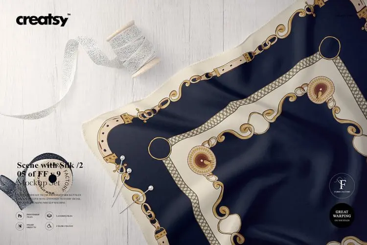 Scene wih Silk 2 Mockup (05/FFv.9) 雪纺丝巾手帕丝绸面料布料图案空白贴图ps样机素材国外设计模板
