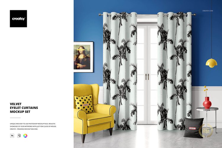 Velvet Pencil Pleat Curtains Mockup 客厅北欧简约现代丝绒窗帘图案设计贴图ps样机素材场景展示模板