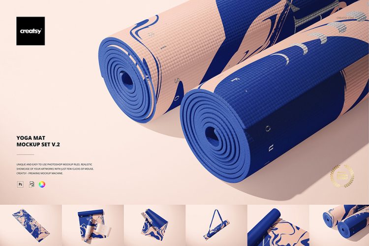 Yoga Mat Mockup Set v.2 防滑运动健身瑜伽垫地垫logo印花图案设计贴图ps样机素材展示效果