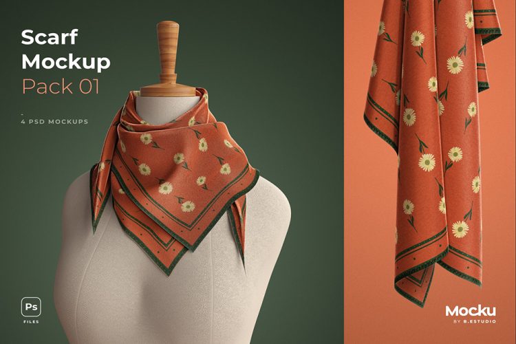 Silk Scarf Mockup – Big – Pack 01 丝巾围巾真丝雪纺面料图案纹样设计贴图ps样机素材场景展示效果