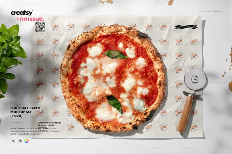 Food safe paper mockup(pizza) 披萨烘焙隔油垫纸餐饮美食包装纸印花图案设计贴图ps样机素材模板