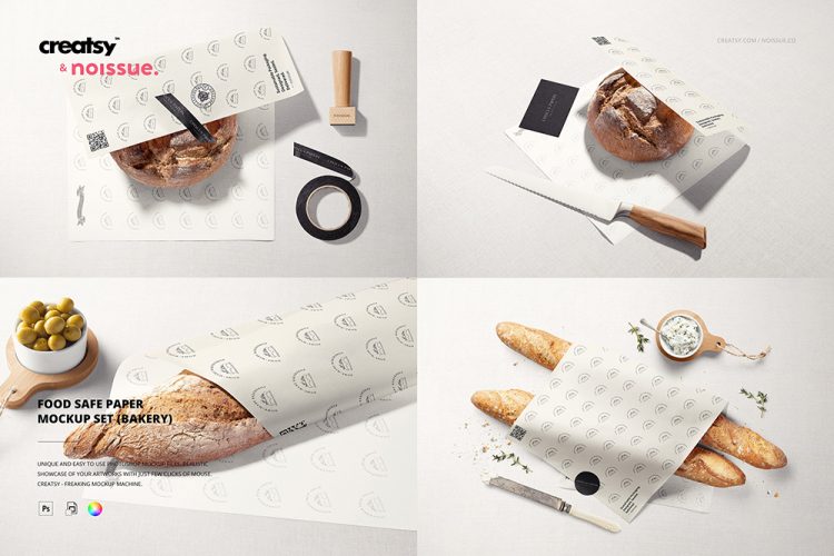 Noissue food safe paper mockup 4款早餐面包烘焙防油垫纸包装纸印花图案设计贴图ps样机国外设计素材模板