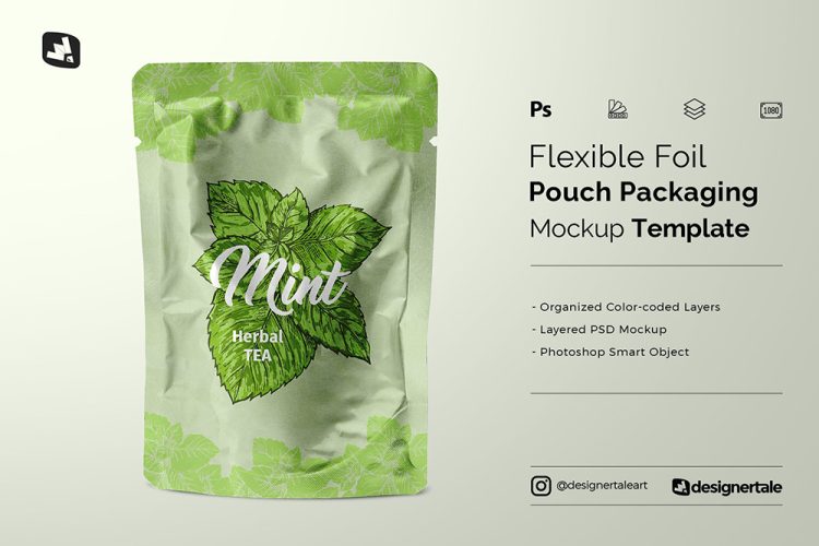 Flexible Foil Pouch Packaging Mockup 铝箔自立袋自封袋食品包装袋设计作品空白贴图ps样机素材展示效果模板