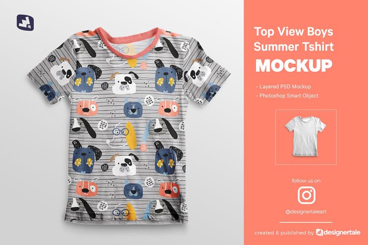 Top view Boy’s Summer Tshirt Mockup 童装男童儿童短袖T恤卡通小狗图案设计贴图ps样机素材展示效果模板