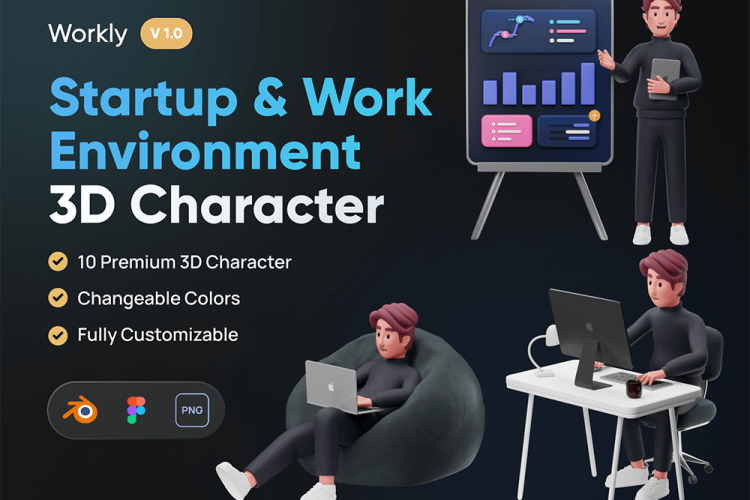 Workly – Startup & Work Environment 3D Character 10款3D立体卡通职场工作学习演讲人物插图插画png免抠图片素材