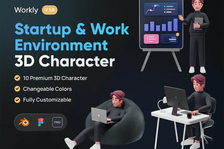 Workly – Startup & Work Environment 3D Character 10款3D立体卡通职场工作学习演讲人物插图插画webp免抠图片素材