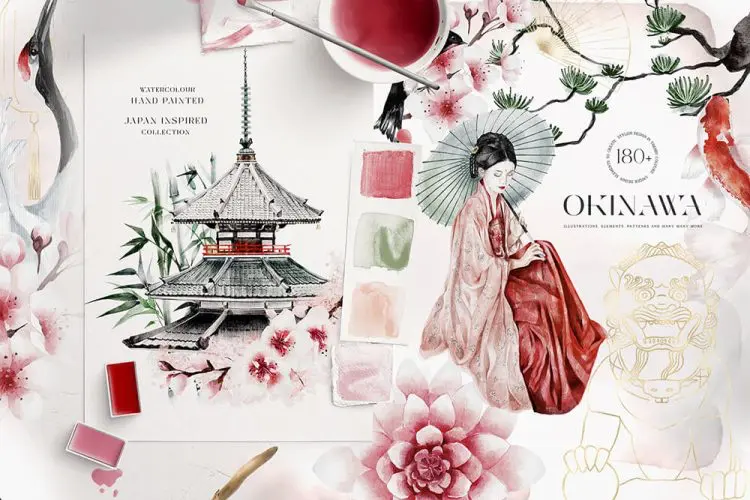 Japanese Watercolor & Ink Collection 传统东方水彩中国风日本水墨手绘插画插图webp免抠图片设计素材