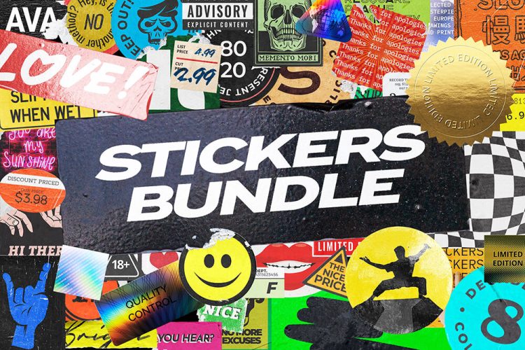 Sticker Mockup Bundle Logo Branding 140款时尚潮流复古做旧不干胶贴纸logo智能贴图样机素材ps模板