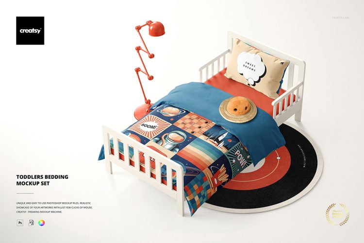 Toddlers bedding mockup set 儿童床单人床家纺床单床品四件套印花图案设计贴图ps样机素材模板