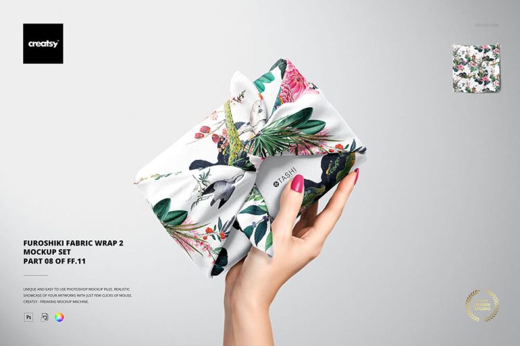 Furoshiki Fabric Wrap 2 Mockup Set 手持日式和风布艺绸缎礼品包装印花设计贴图ps样机素材展示模板