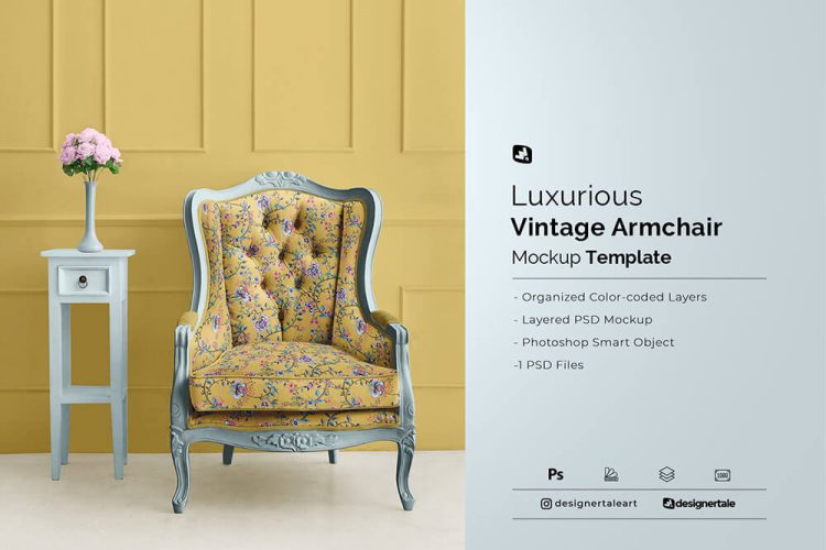 Luxurious Vintage Armchair Mockup 欧式宫廷软包座椅扶手椅子图案设计贴图ps样机素材展示效果模板