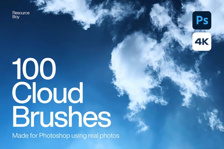 100 Cloud Photoshop Brushes 100款真实云朵云层蓝天白云多云天空云彩ps笔刷abr插件设计素材