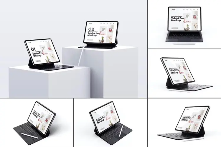 iPad Pro With Magic Keyboard Mockup 6款带键盘文艺iPad Pro平板电脑app应用ui界面设计贴图ps样机素材模板