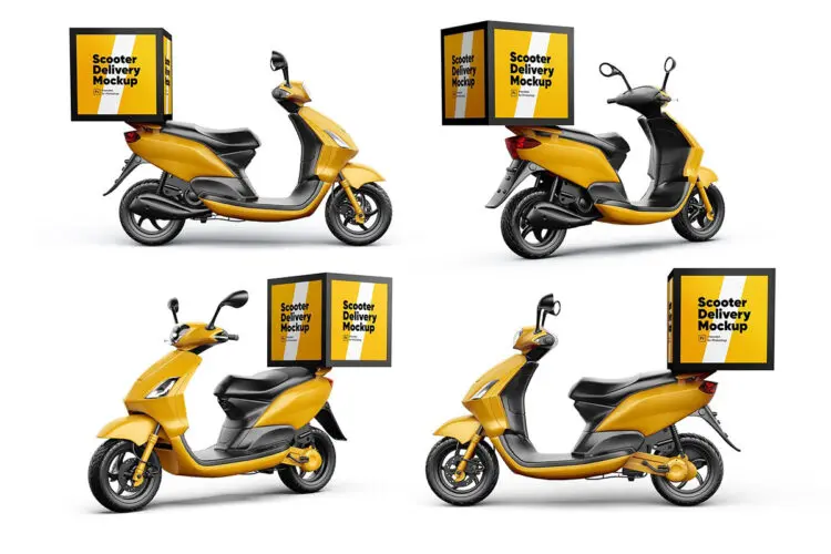 Scooter Lieferung Mock-ups Set 外卖送货电动车小电驴设计贴图ps样机素材国外设计模板