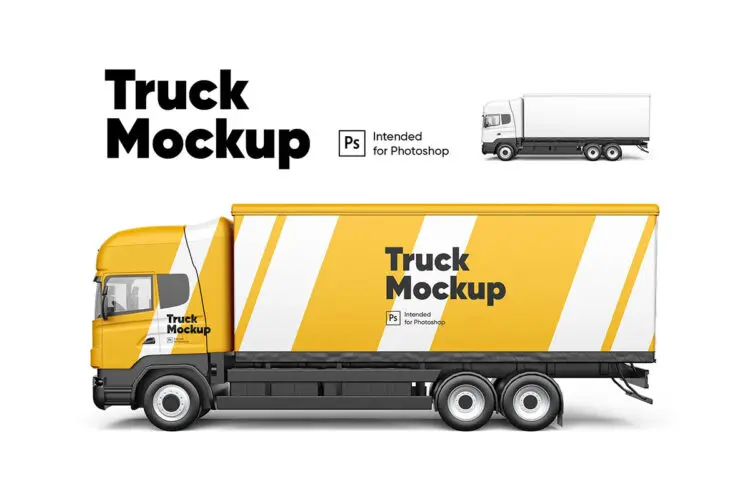 Truck Mockup 厢式货车物流快递货运箱式卡车贴图ps样机素材多角度展示效果模板