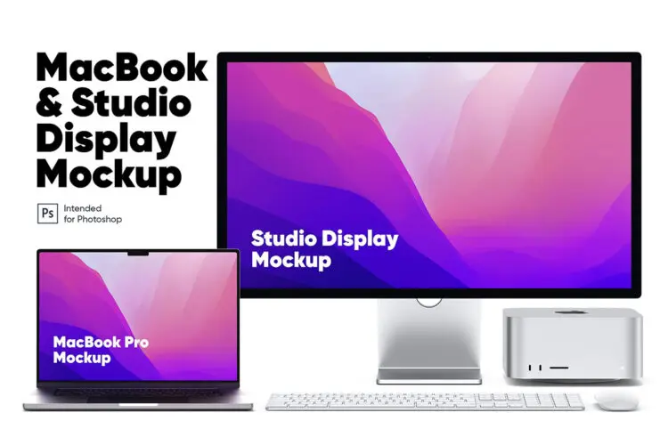 MacBook Studio Display-Mockup 苹果笔记本台式电脑XDR显示器ui设计作品贴图ps样机素材国外设计模板