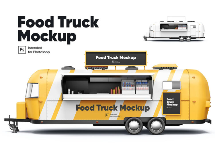 Food Truck Mockup 流动美食冰激凌餐车汽车广告图案设计贴图ps样机素材国外设计模板