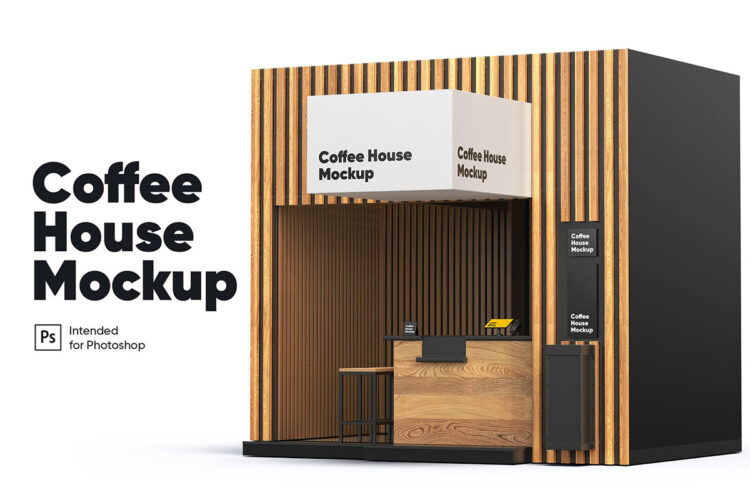 Coffee House Mockup 商场正方形咖啡屋咖啡店门头logo设计贴图ps展示样机国外设计素材