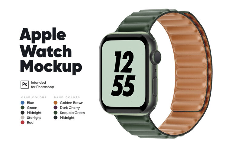 Apple Watch 7 mit Leder-Link-Mockup 苹果Apple Watch 7 智能手表带皮革链样机