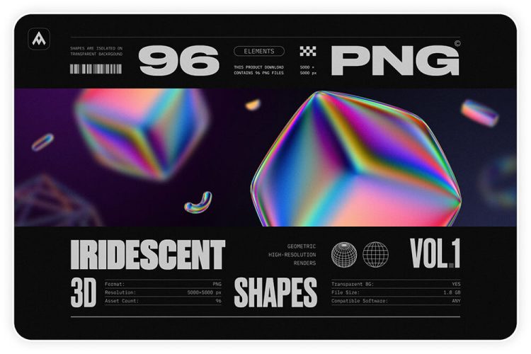 Iridescent geometric 3D shapes VOL.1 96款高清未来科幻全息镭射彩虹3D立体金属几何png免抠图片素材