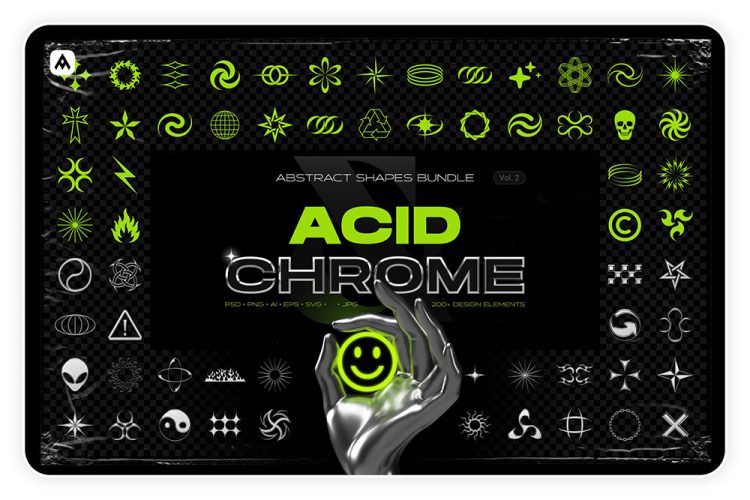 Acid & chrome abstract shapes bundle 100款潮流金属镀铬酸性街头时尚潮牌艺术抽象几何图形设计素材