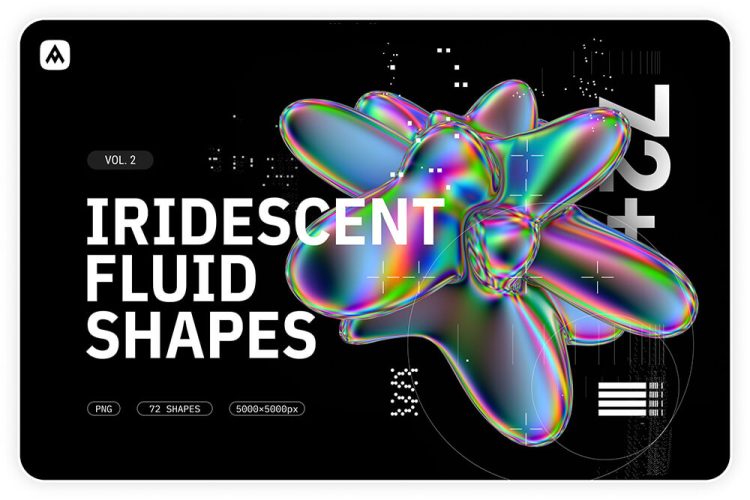 Iridescent fluid 3D shapes pack 72款艺术抽象金属镭射全息虹彩气泡液体蠕动png免抠背景底纹图片素材