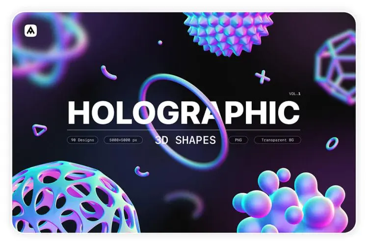 Holographic 3D shapes collection 90款3D立体全息抽象艺术几何多边形酸性潮流webp免抠图形设计素材
