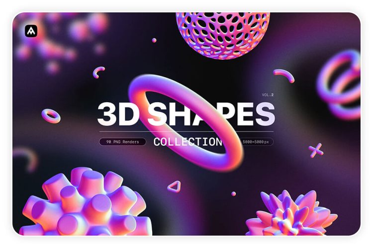 3D Shapes collection 90款3D立体全息抽象艺术几何多边形酸性潮流png免抠图形设计素材