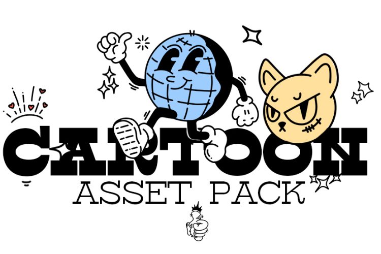 Cartoon Asset Pack (Vol.1) 95款趣味复古Y2K卡通人物表情手势手绘插画IP设计矢量素材