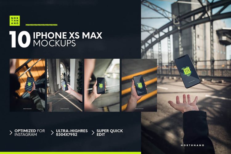 10 iPhone XS MAX Mockups 10款手持iPhone Xs Max苹果手机屏幕展示设计贴图ps数码样机素材国外设计模板