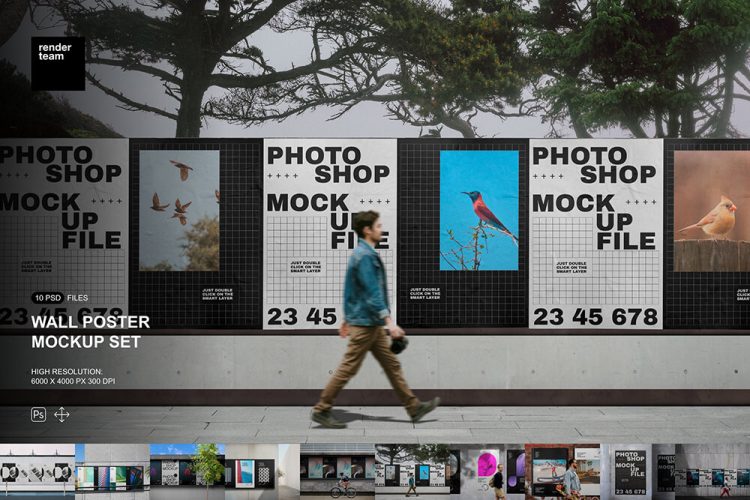 Wall Poster Mockup Set 10款广告招贴海报设计作品贴图ps样机素材城市街头场景展示效果图