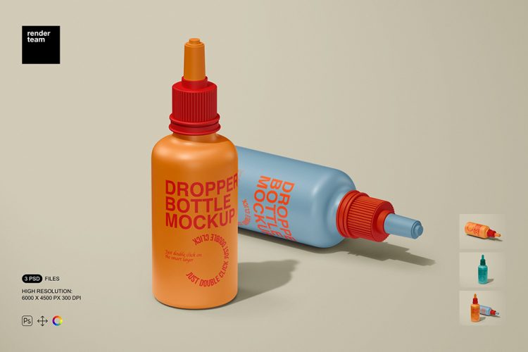 Dropper Bottle Mockup Set 3款塑料滴管瓶分装瓶产品包装设计作品贴图ps样机素材展示效果