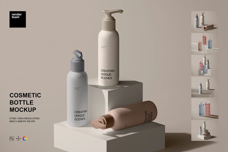 Cosmetic Bottle Mockup Set 6款美妆护肤品化妆品泵瓶分装瓶产品包装设计贴图ps样机素材展示效果