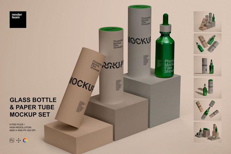 Glass Bottle and Paper Tube Mockups 6款透明玻璃精油分装滴管瓶产品包装设计作品贴图ps样机素材模板