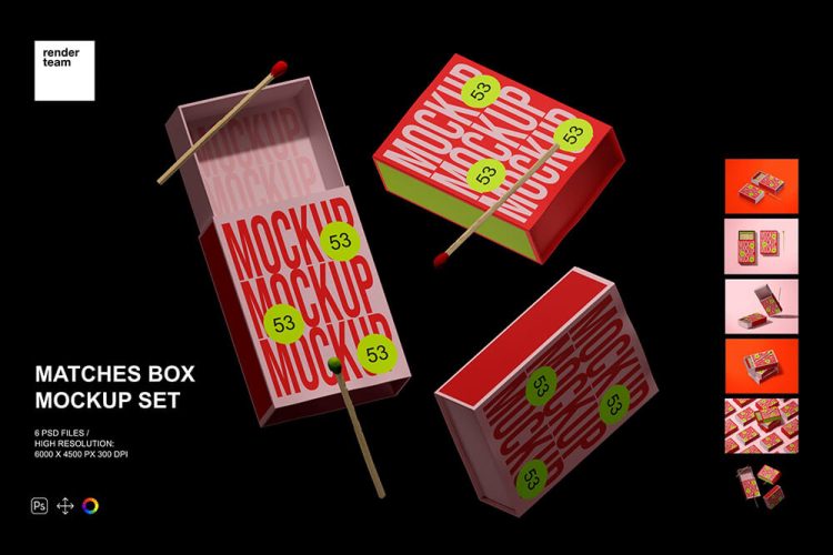 Matches Box Mockup Set 6款复古文创火柴盒抽屉纸盒产品包装设计作品贴图ps样机素材模板