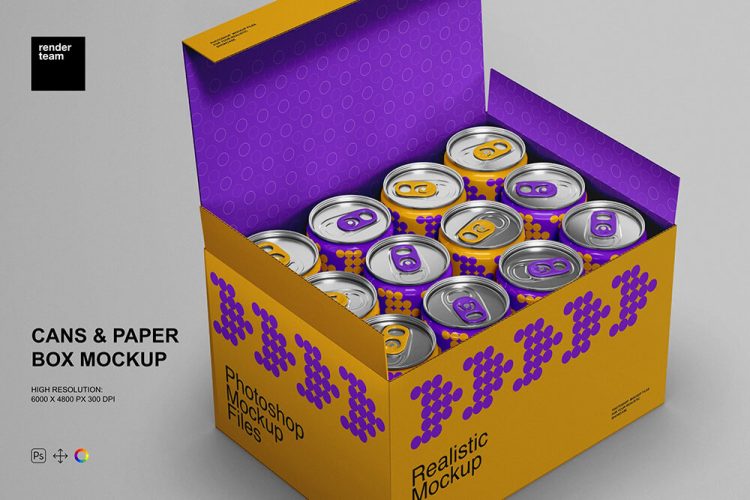 Cans and Paper Box Mockup 成箱易拉罐铝合金饮料罐啤酒罐标签设计ps包装样机国外设计素材