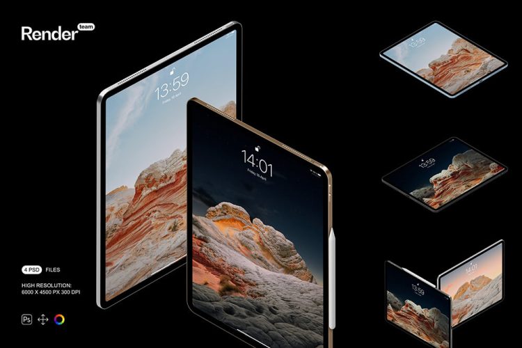 iPad Mockup Set 4款iPad平板电脑App网页ui广告设计贴图ps样机素材展示效果图模板