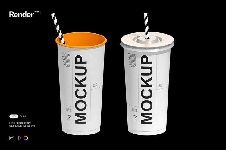 Paper Cup Mockup 2款一次性饮料咖啡奶茶热饮杯吸管纸杯设计ps样机素材展示效果图