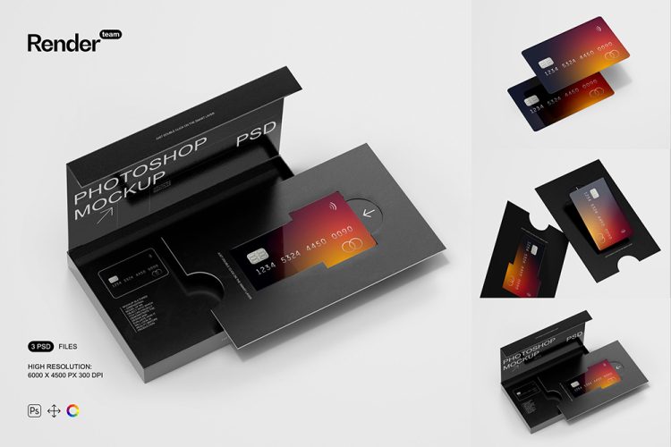 Credit Card Mockup Set 3款精装VIP会员卡礼品卡礼盒产品包装设计ps样机素材展示效果图